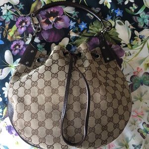 Gucci Brown Beige GG Canvas Drawstring Hobo Bag